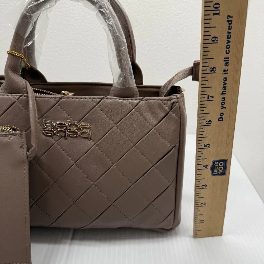 Bebe Everett Small Satchel Taupe Quilted Crossbody Handbag Purse NWT Wome